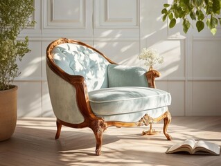 Elegant vintage chair in a sunlit room with natural greenery enhancing the cozy atmosphere