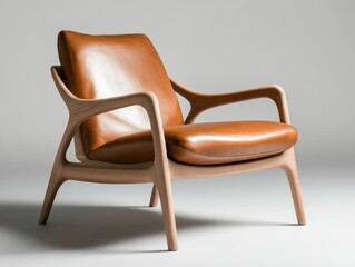 Stylish wooden chair with brown leather cushion in modern interior design setting