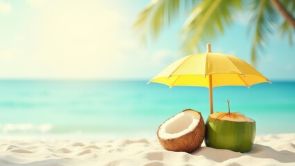 Tropical beach concept made of coconut fruit and sun umbrella. Creative minimal summer idea.