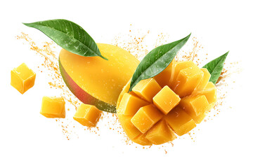 Fresh ripe mango fruit cubes and halves with splash isolated on transparent background, tropical juicy summer fruit for healthy food, dessert, illustration

