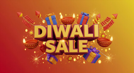 Dynamic 3D Diwali Sale banner with festive gift boxes, firecrackers, and glowing diyas on a warm gradient background. Hindu festival promotion concept.