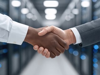 Two businessmen with different skin tones shaking hands in a blurred data center background, symbolizing partnership.