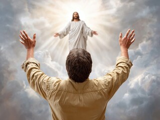 A person with arms raised looking up at a divine, glowing figure of Jesus in a cloudy sky, representing spiritual encounter and worship.