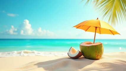 Tropical beach concept made of coconut fruit and sun umbrella. Creative minimal summer idea.