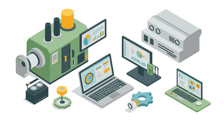 Isometric industrial technology devices with data and analytics displays