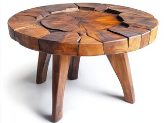 Unique wooden table with a rustic design featuring a round top and sturdy legs ideal for home decor