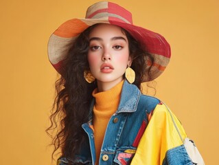 Fashion model poses in colorful attire with bright background and stylish accessories