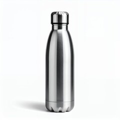 Sleek stainless steel water bottle gleaming brightly on a pure white background