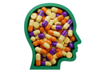 Isolated head shape full of drugs and pills suggesting mental illness and health issues