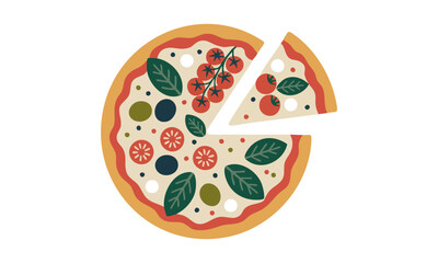 Margherita Pizza with Ingredients Flat Vector Illustration, Pizza Margherita with tomato, cheese mozzarella, basil and olives, easily editable.