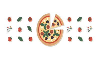 Margherita Pizza with Ingredients Flat Vector Illustration, Pizza Margherita with tomato, cheese mozzarella, basil and olives, easily editable.