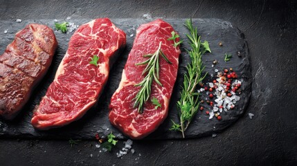 A variety of fresh beef steaks are arranged on a dark stone board. Rosemary and herbs lie alongside colorful peppercorns and sea salt ready for cooking and seasoning.