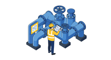 Engineer inspecting industrial pipeline system in isometric design