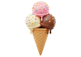 Isolated ice cream cone with three scoops and sprinkles is delicious and tempting treat