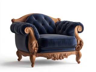 Elegant blue velvet armchair with carved wooden frame in a classic design, perfect for home decor enhancement