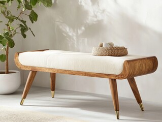 Modern wooden bench with soft cushion and decor in a bright, stylish interior setting