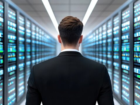 A businessman in a dark suit stands with his back to the viewer, observing rows of glowing blue server racks in a modern data center, symbolizing technology and connectivity. - Powered by Adobe