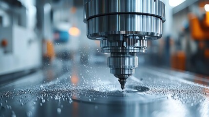 CNC machine drilling, metal shavings fly from cutting surface