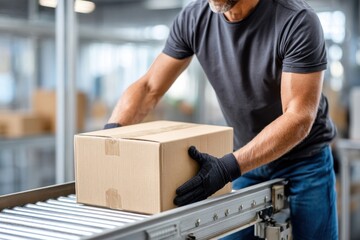 A man in gloves carefully places a sealed cardboard box onto a conveyor belt in a bustling industrial warehouse.