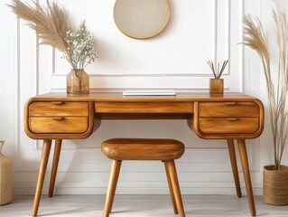 Elegant wooden desk with minimal decor in a cozy, well-lit room featuring simple plant arrangements