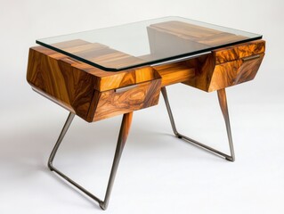 Stunning modern wood and glass desk with sleek industrial legs and unique design perfect for home office or study space