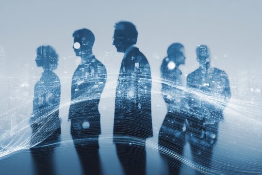 Silhouettes of a diverse business team are overlaid on a cityscape at dusk