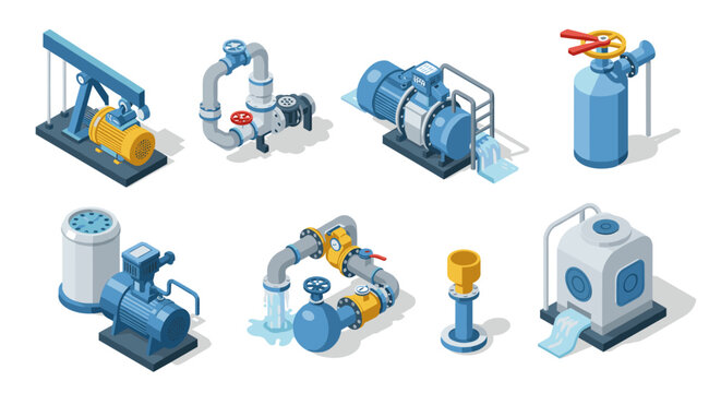 Isometric set of industrial pumps and pipes for modern engineering projects