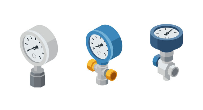 Isometric pressure gauge set with industrial valve and dial designs