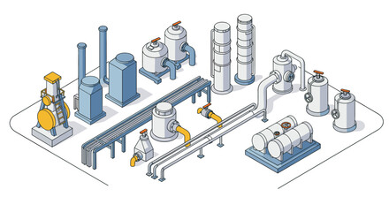Isometric industrial factory equipment design with pipelines and tanks