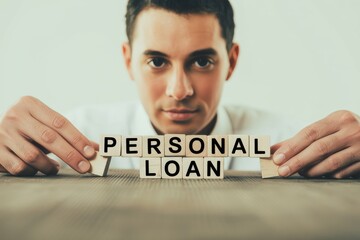 Man holding wooden blocks spelling out PERSONAL LOAN, symbolizing financial assistance and borrowing options