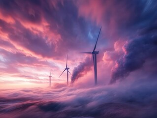 Wind turbines stand tall against a dramatic sky filled with clouds and vibrant colors at sunset