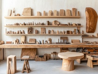 Crafting space filled with beautifully arranged wooden sculptures and tools in a modern workshop