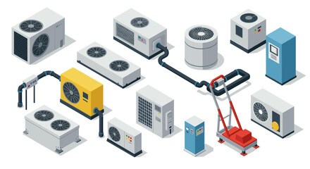 Isometric hvac systems collection featuring various modern climate control units