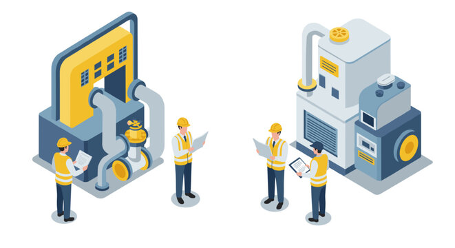 Isometric industrial workers engineers inspecting machinery and equipment