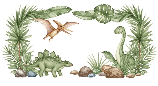 Watercolor dinosaurs and foliage frame illustration with copy space