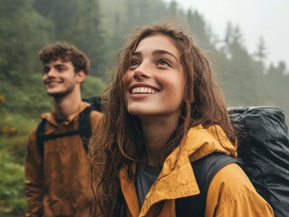 Joyful hikers enjoying nature in a lush forest during an overcast day