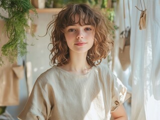 Young woman with curly hair in casual clothing poses in a sunlit room filled with plants and soft textiles