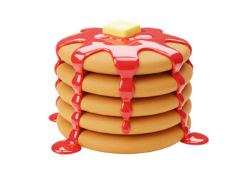 Isolated appetizing stack of pancakes covered with dripping strawberry jam and butter on top