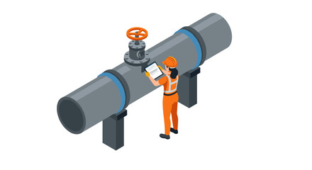 Engineer inspecting pipeline with valve in isometric style for industrial safety