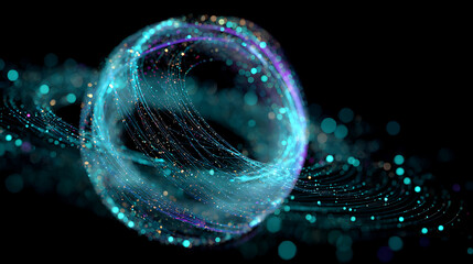 Dynamic digital data stream swirling with vibrant light particles, representing innovative technology and global connections