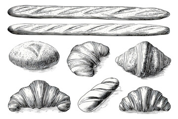 Baguettes and Croissants Still Life with Intricate Line Detail in Black Background Food Illustration