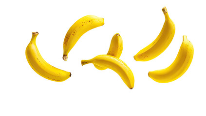 Five bananas arranged in a loose, curved cluster, vibrant yellow with reddish-brown spots