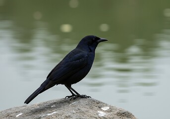 Glossy Black Grackle or Crow Perched on Rock by Water. Generative Ai