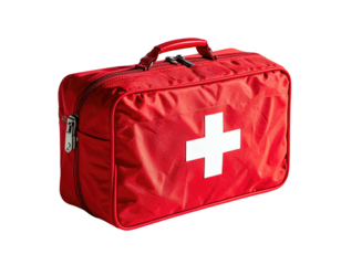 A bright red first aid kit with a white cross on a dark background