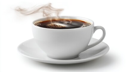 Naklejka premium A steaming cup of dark coffee rests on a simple white saucer. The warmth of the coffee fills the air as morning light illuminates the scene creating a cozy ambiance perfect for relaxation.