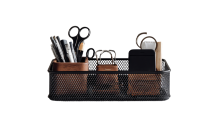 Metal mesh organizer with wooden compartments