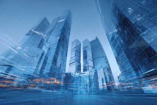 Low-angle photo showcasing multiple towering glass skyscrapers, reflecting the surrounding cityscape - Powered by Adobe