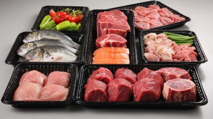 A variety of fresh meats and seafood are arranged in black trays showcasing different cuts including beef chicken and fish along with fresh vegetables like peppers and tomatoes.