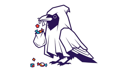 Obraz premium Raven Gathering Sweets: A stylized illustration of a raven, draped in a ghostly attire, meticulously gathers an assortment of candies, embodying the spooky spirit.