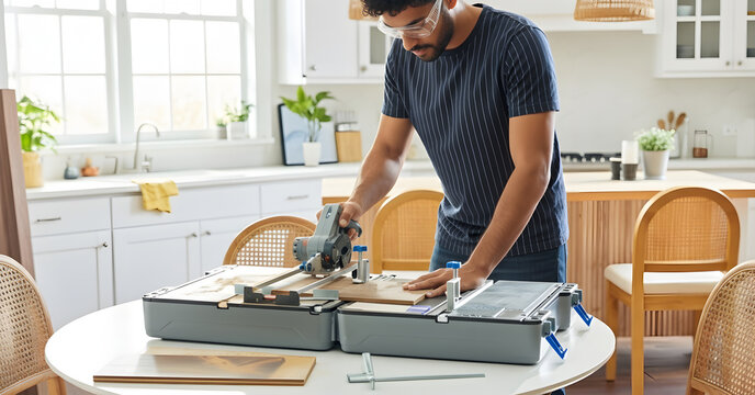 A skilled craftsman expertly cuts wood with a tile saw in a modern kitchen. Inspiring for DIY projects, home renovation, and the satisfaction of creating.